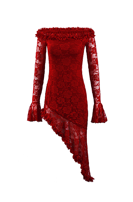 Crimson Reverie Asymmetrical Lace Dress Burgundy / M