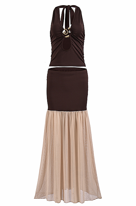 Mocha Mirage Two-Tone Halter Gown