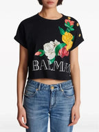 Balmain Paris Black Cotton Tee with Multicolor Rose Design & Gold Button Detail (S–XL)
