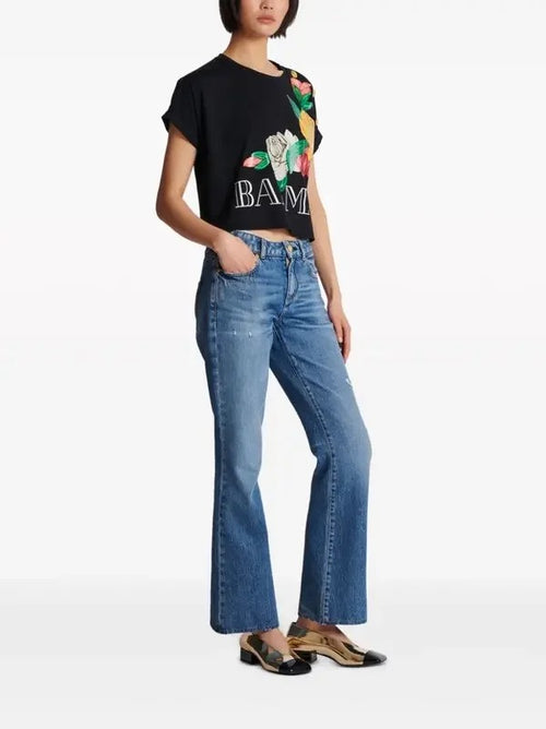 Balmain Paris Black Cotton Tee with Multicolor Rose Design & Gold Button Detail (S–XL)