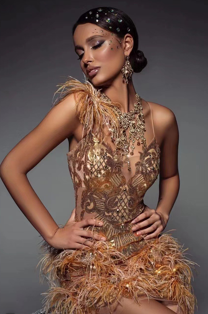 Éclat Sauvage Feathered Embellished Couture Mini Dress Gold / S