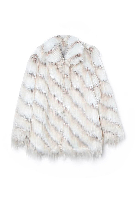 “Winter Veil” Cream Fox-Striped Faux Fur Coat – One Size