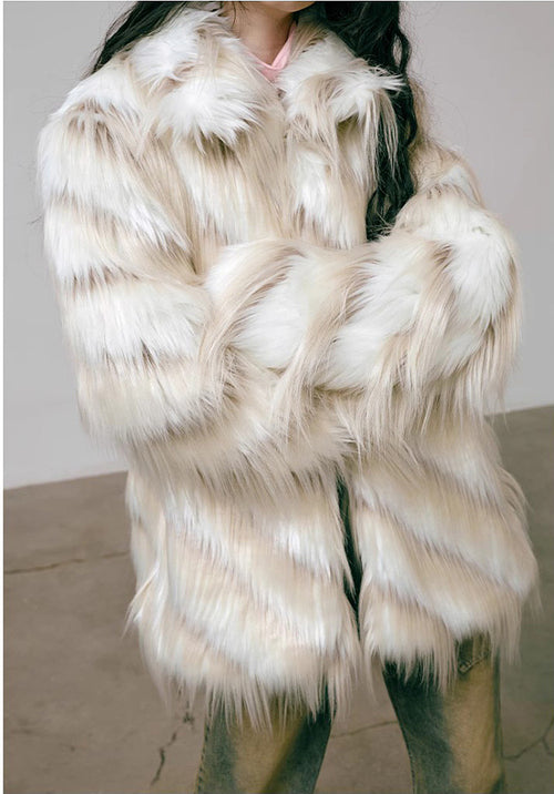 “Winter Veil” Cream Fox-Striped Faux Fur Coat – One Size