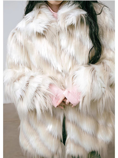 “Winter Veil” Cream Fox-Striped Faux Fur Coat – One Size