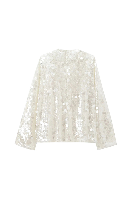 “Lumière Wrap” Crystal Sequin Chiffon Blouse – Ivory Glow