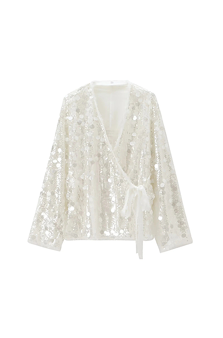 “Lumière Wrap” Crystal Sequin Chiffon Blouse – Ivory Glow