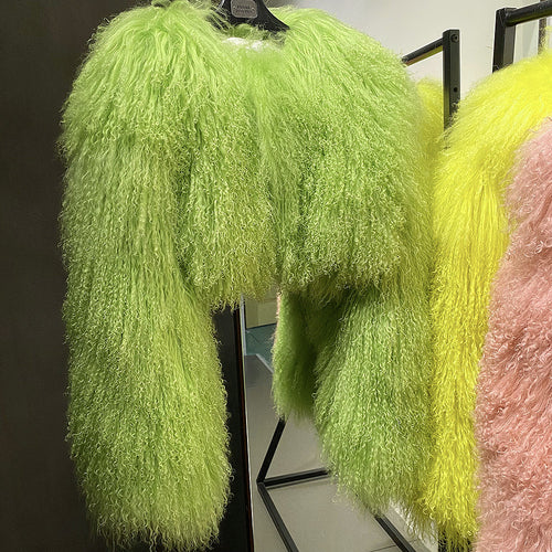 “Plush Prism” Mongolian Curly Faux Fur Cropped Jacket