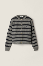 Miu Miu Striped Wool Cardigan with Logo Patch & Gold Buttons – Grey/Navy