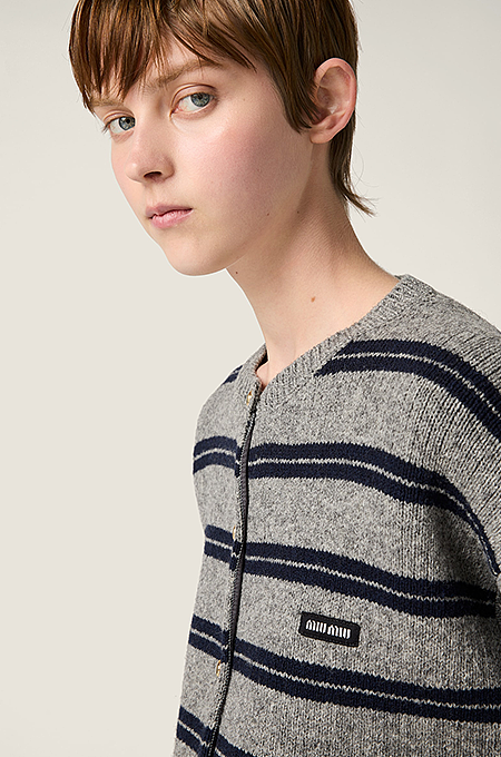 Miu Miu Striped Wool Cardigan with Logo Patch & Gold Buttons – Grey/Navy