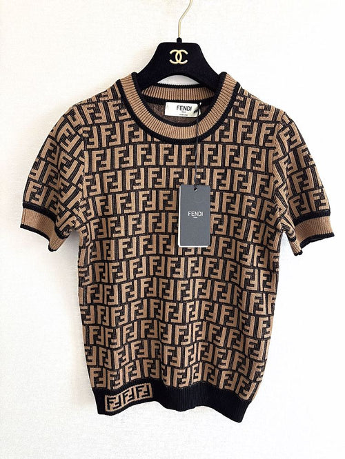 Fendi FF Monogram Short Sleeve Knit Top – Tobacco & Black