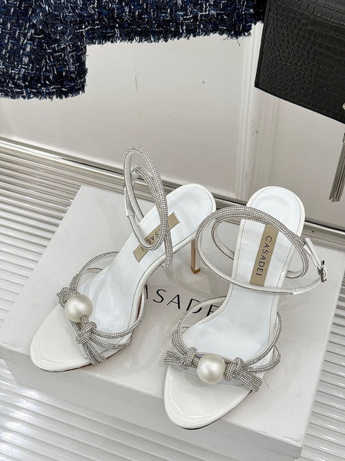Casadei “Luna” Pearled Ankle-Heel Sandals