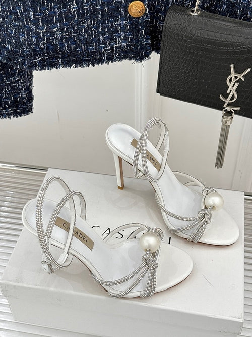 Casadei “Luna” Pearled Ankle-Heel Sandals