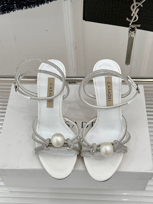 Casadei “Luna” Pearled Ankle-Heel Sandals