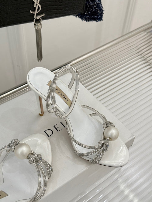 Casadei “Luna” Pearled Ankle-Heel Sandals