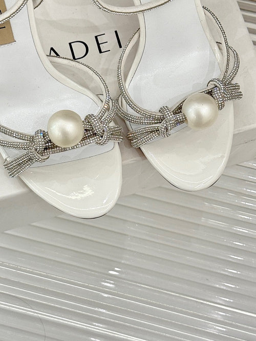 Casadei “Luna” Pearled Ankle-Heel Sandals