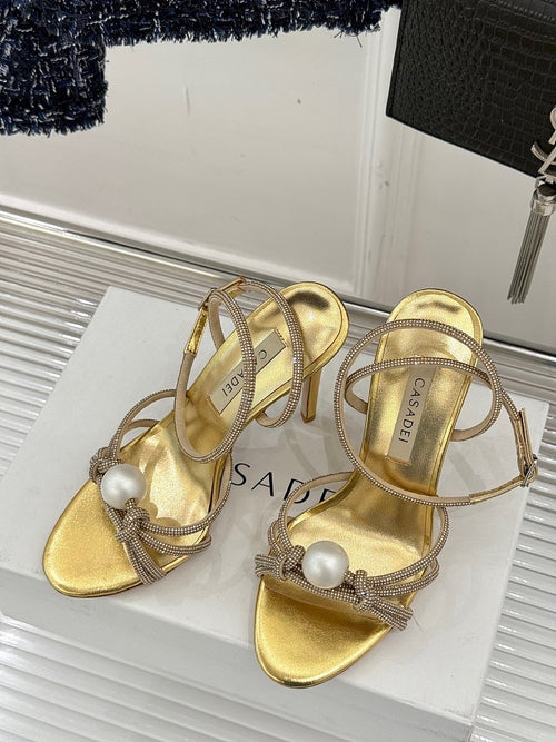 Casadei “Luna” Pearled Ankle-Heel Sandals