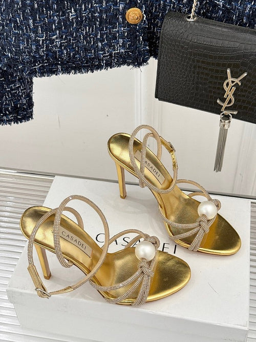 Casadei “Luna” Pearled Ankle-Heel Sandals