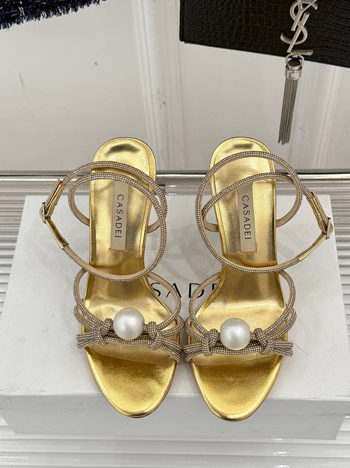 Casadei “Luna” Pearled Ankle-Heel Sandals