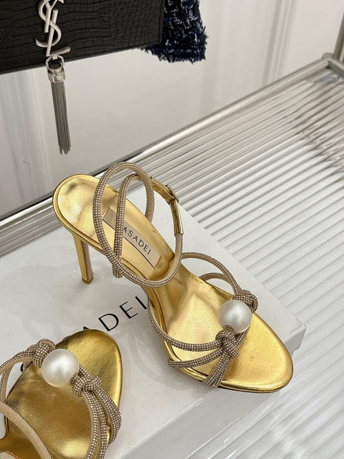 Casadei “Luna” Pearled Ankle-Heel Sandals