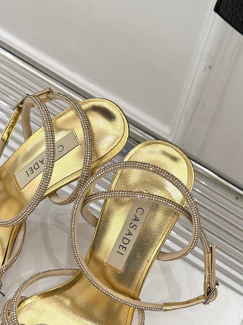 Casadei “Luna” Pearled Ankle-Heel Sandals