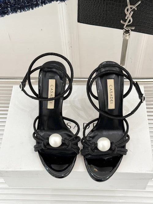 Casadei “Luna” Pearled Ankle-Heel Sandals