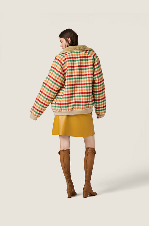 Miu Miu Vintage Check Shearling-Collar Teddy Jacket