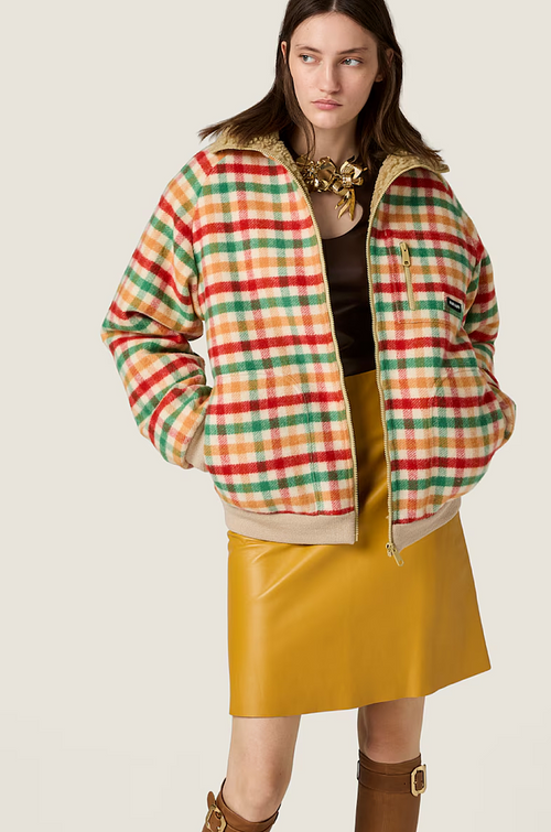 Miu Miu Vintage Check Shearling-Collar Teddy Jacket