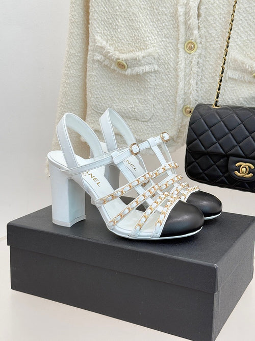 Chanel “Élise de Chaîne Blanche” Two-Tone Chain-Strap Heels