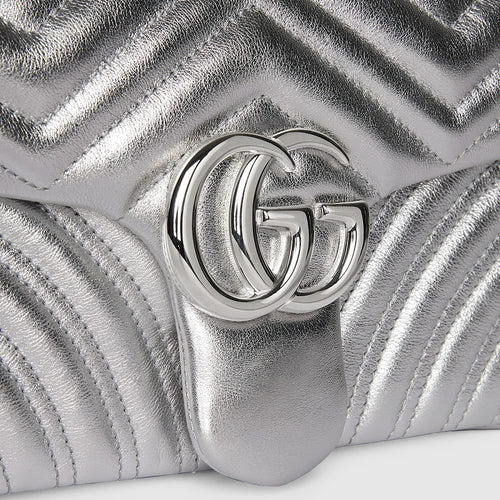 Gucci “Argento Divino” Marmont Medium Shoulder Bag -Metallic Silver Chevron Edition