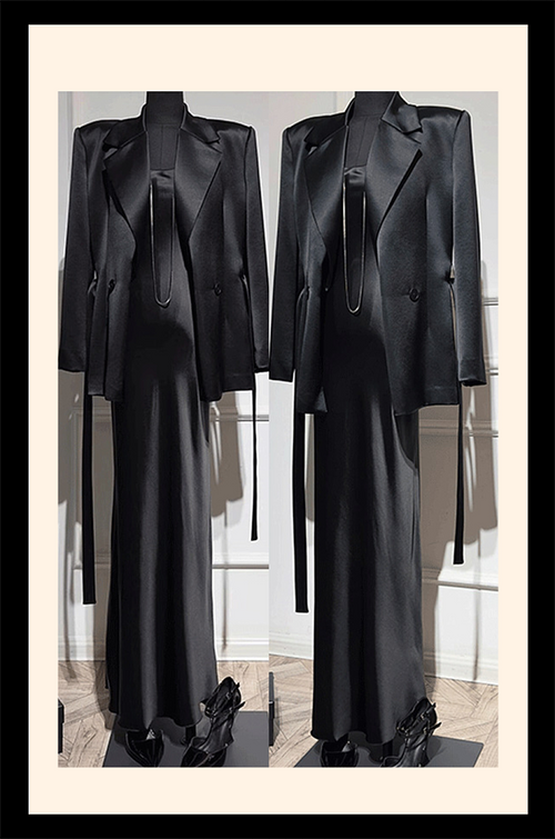 “L’Esprit Sombre” – Satin Silhouette & Tailored Blazer Set (Noir Edition)