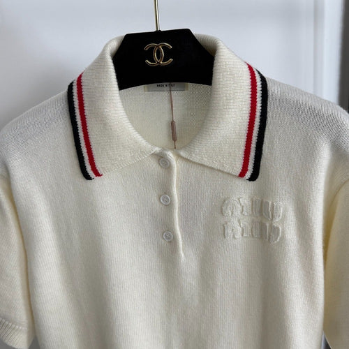 Miu Miu Ivory Knit Polo Tee with Embroidered Logo