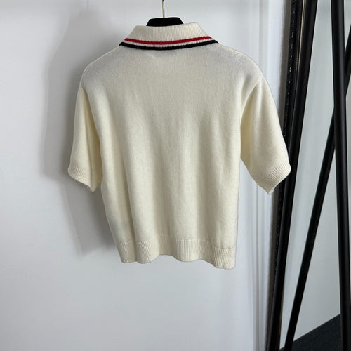 Miu Miu Ivory Knit Polo Tee with Embroidered Logo