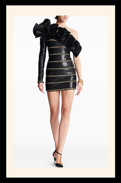 “Armure Nocturne Couture” — Asymmetric Sculpted Leather Mini Dress with Gilded Chainwork