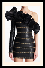 “Armure Nocturne Couture” — Asymmetric Sculpted Leather Mini Dress with Gilded Chainwork
