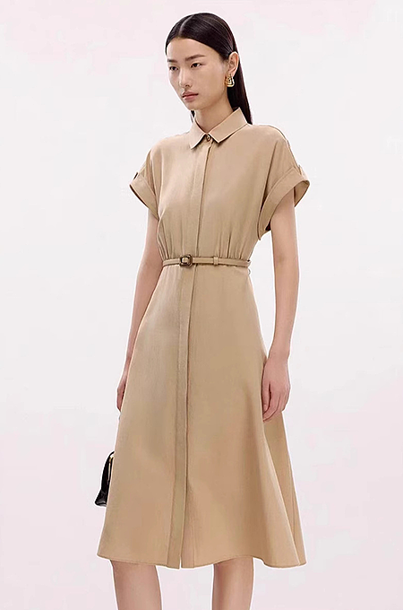 “Savoy Classic” Belted Shirt Dress in Camel Twill