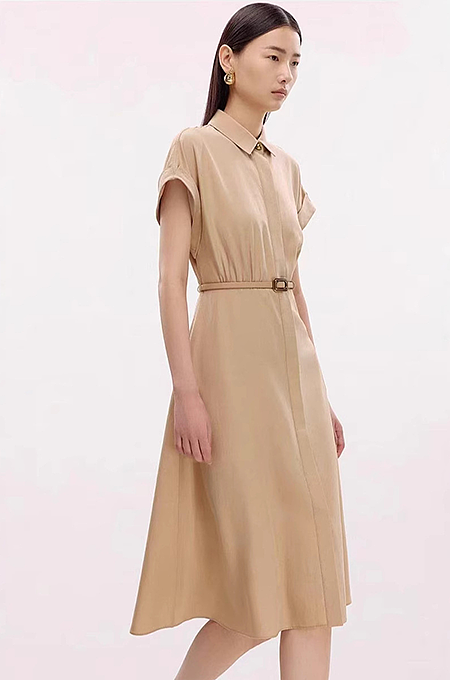 “Savoy Classic” Belted Shirt Dress in Camel Twill