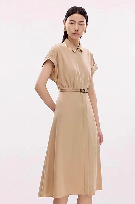 “Savoy Classic” Belted Shirt Dress in Camel Twill