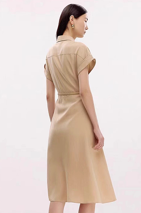 “Savoy Classic” Belted Shirt Dress in Camel Twill