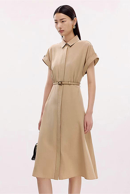 “Savoy Classic” Belted Shirt Dress in Camel Twill