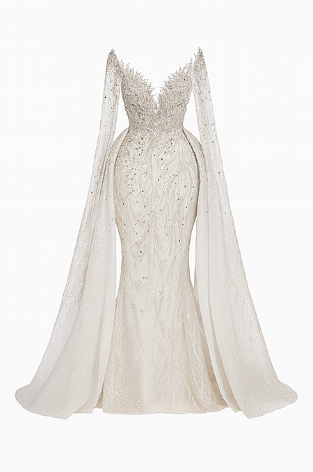 “Empress” Crystal-Embellished Off-Shoulder Gown with Regal Draped Trains