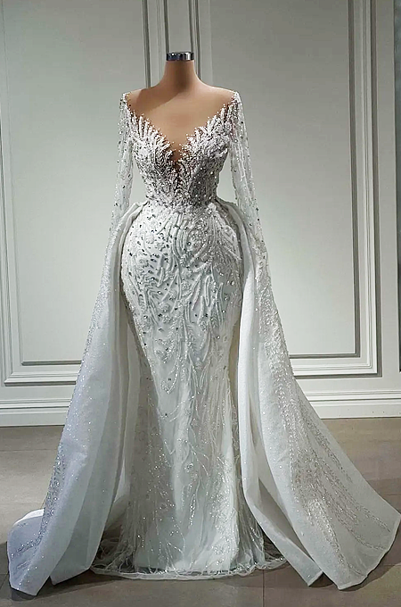 “Empress” Crystal-Embellished Off-Shoulder Gown with Regal Draped Trains