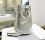 “Lunaris” Metallic Silver Sculpted Ankle Boot with Padlock Detail