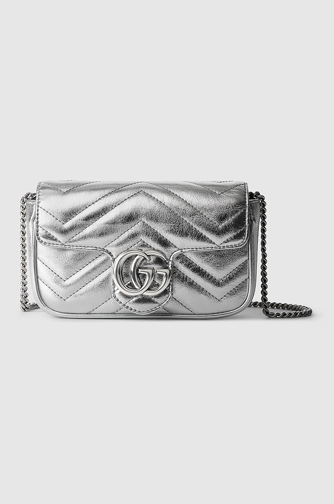 Gucci Marmont Mini Shoulder Bag — Metallic Silver Quilted Leather Gucci Marmont Mini Shoulder Bag — Metallic Silver Quilted Leather