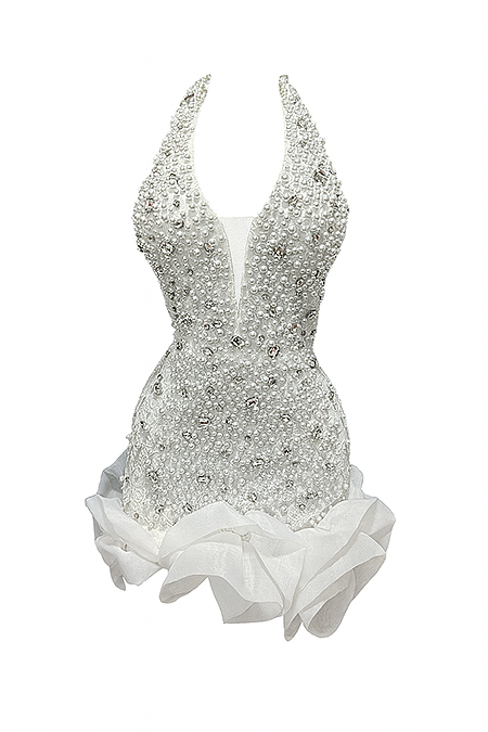 Perle de Neige Crystal & Pearl-Encrusted Halter Mini Dress NYFW Met Gala Winter Elegance Collection White / XS Perle de Neige Crystal & Pearl-Encrusted Halter Mini Dress NYFW Met Gala Winter Elegance Collection White / XS
