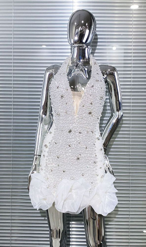 “Perle de Neige” Crystal & Pearl-Encrusted Halter Mini Dress – NYFW Met Gala Winter Elegance Collection