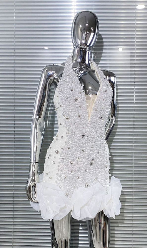 “Perle de Neige” Crystal & Pearl-Encrusted Halter Mini Dress – NYFW Met Gala Winter Elegance Collection
