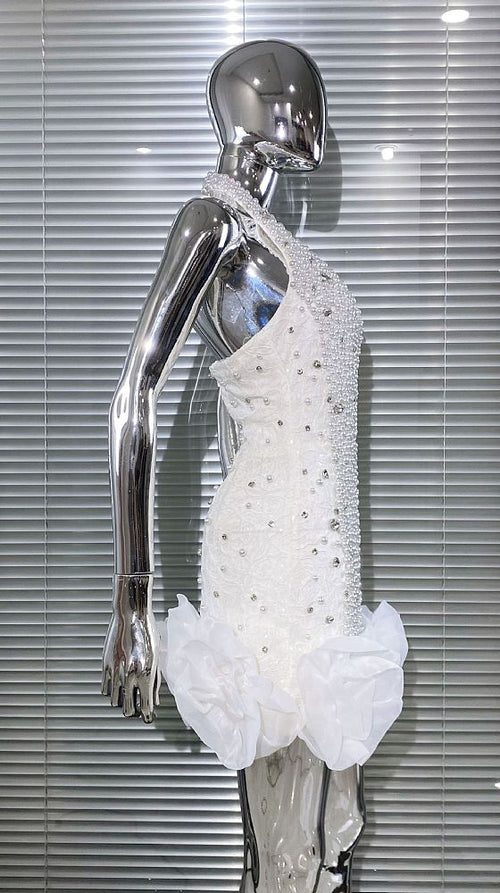 “Perle de Neige” Crystal & Pearl-Encrusted Halter Mini Dress – NYFW Met Gala Winter Elegance Collection