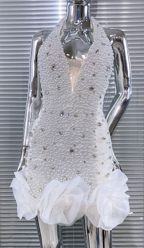 “Perle de Neige” Crystal & Pearl-Encrusted Halter Mini Dress – NYFW Met Gala Winter Elegance Collection