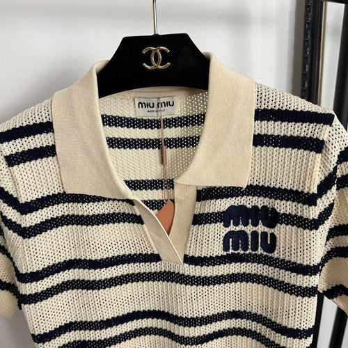 Miu Miu Riviera Striped Knit Polo Top