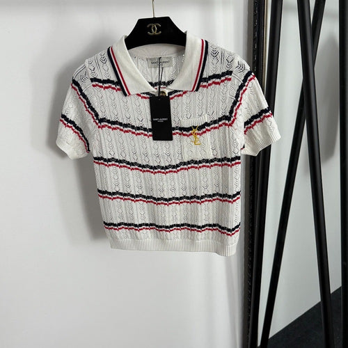 Saint Laurent Paris Heritage Striped Lace Polo Top